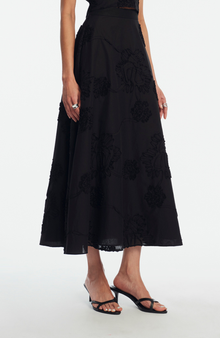 Ribbon Embroidered Cotton Full Skirt | Black