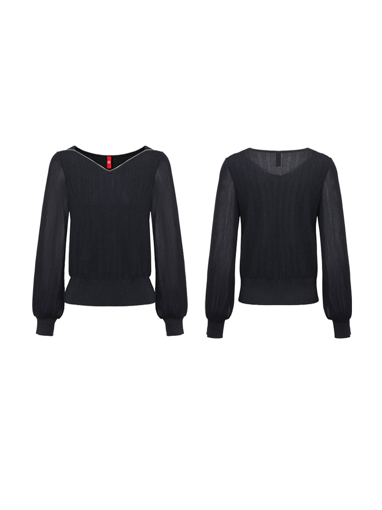 Puff Sleeves Knitted Shirt | Black