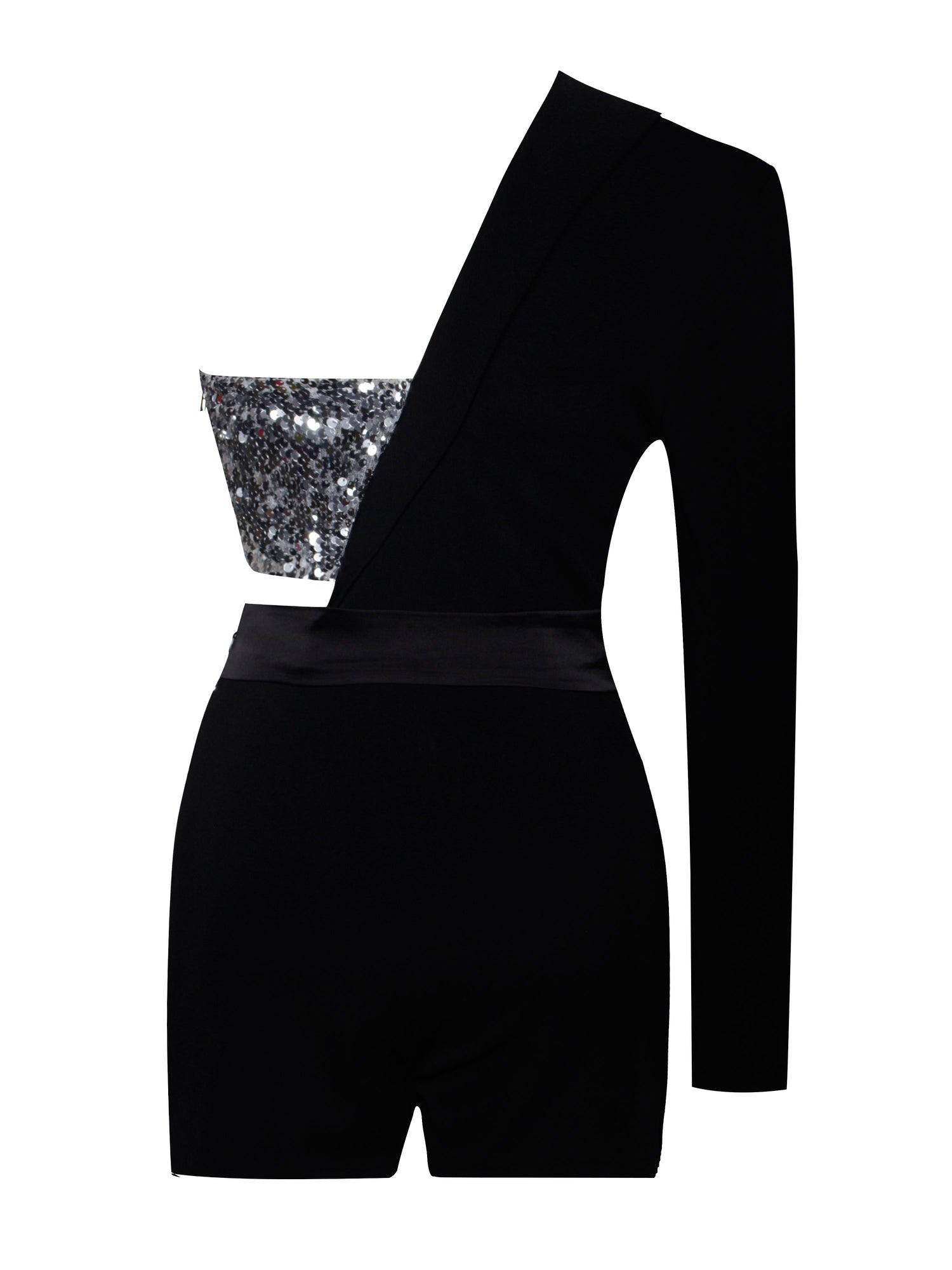 Skylynn Sequin One Sleeve Blazer Romper | Black