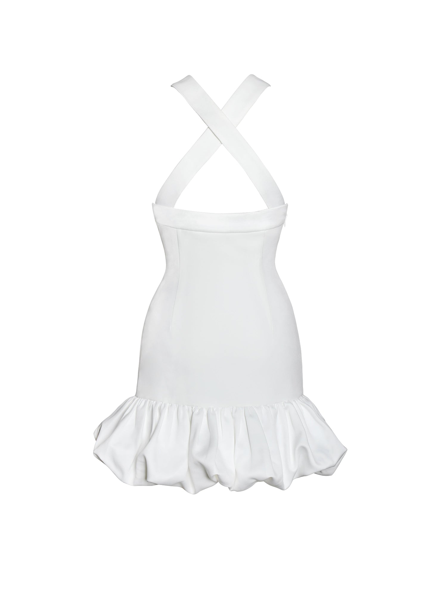 Barbra Cross Straps Bodycon Mini Dress with Bubble Hem | White