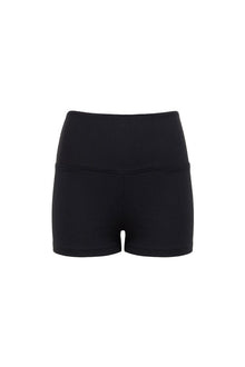 Black ribbed micro bike shorts with high waistband and fitted legs.