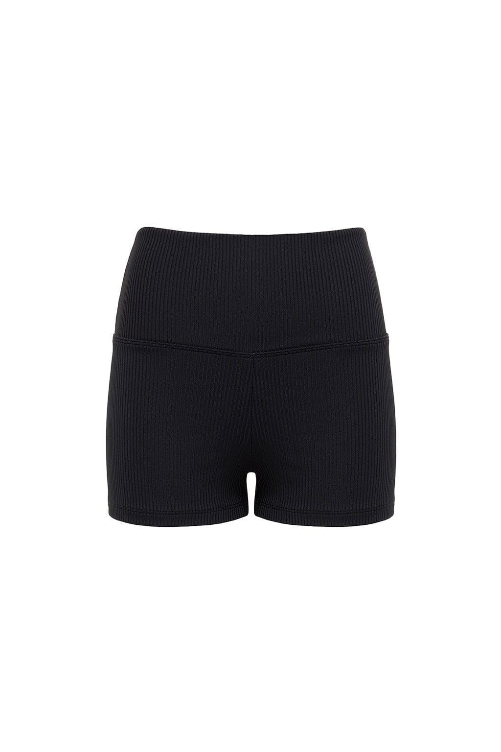 Black ribbed micro bike shorts with high waistband and fitted legs.