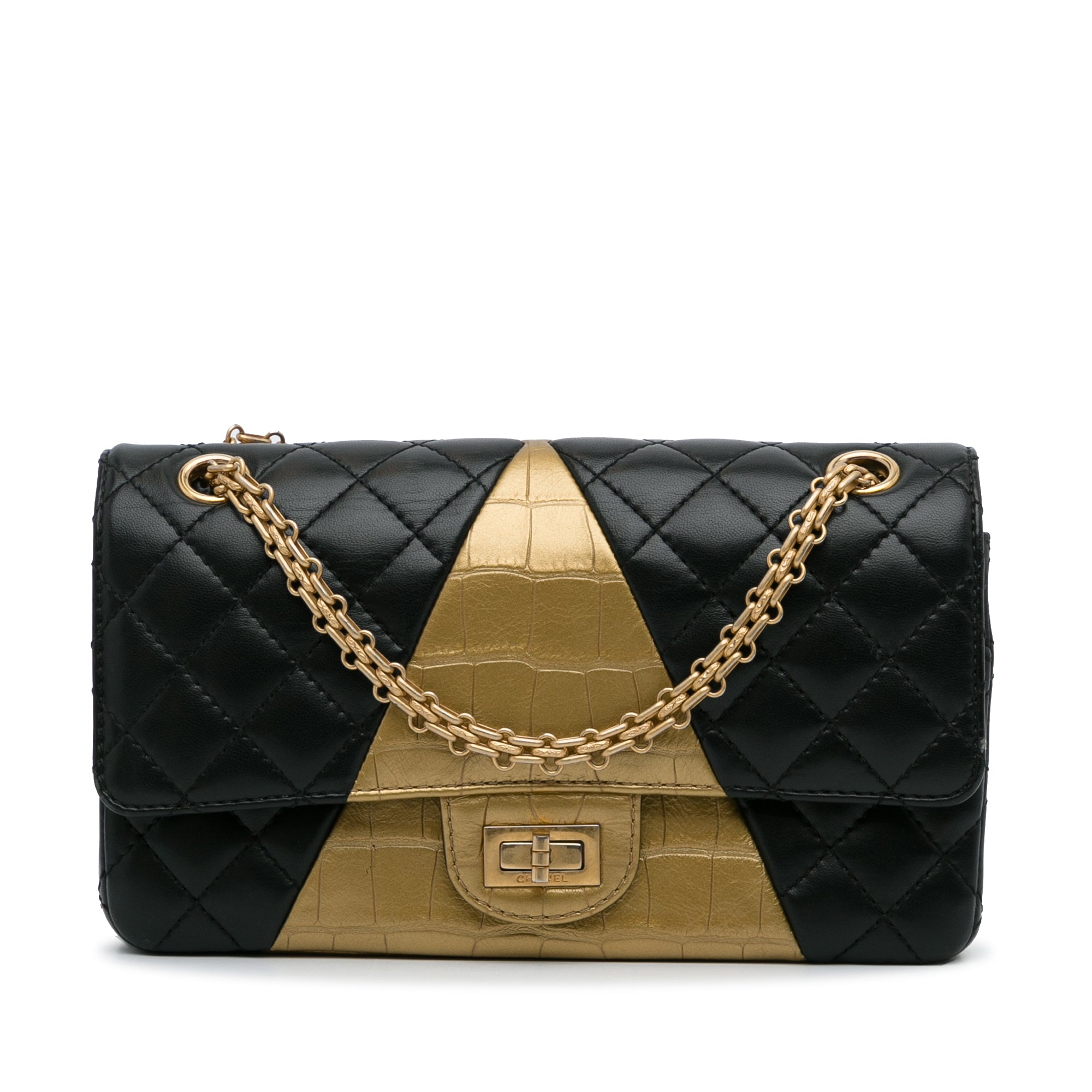 Chanel | Pre-Owned Medium Croc Embossed Lambskin 2.55 Reissue Double Flap Bag | Black/Gold