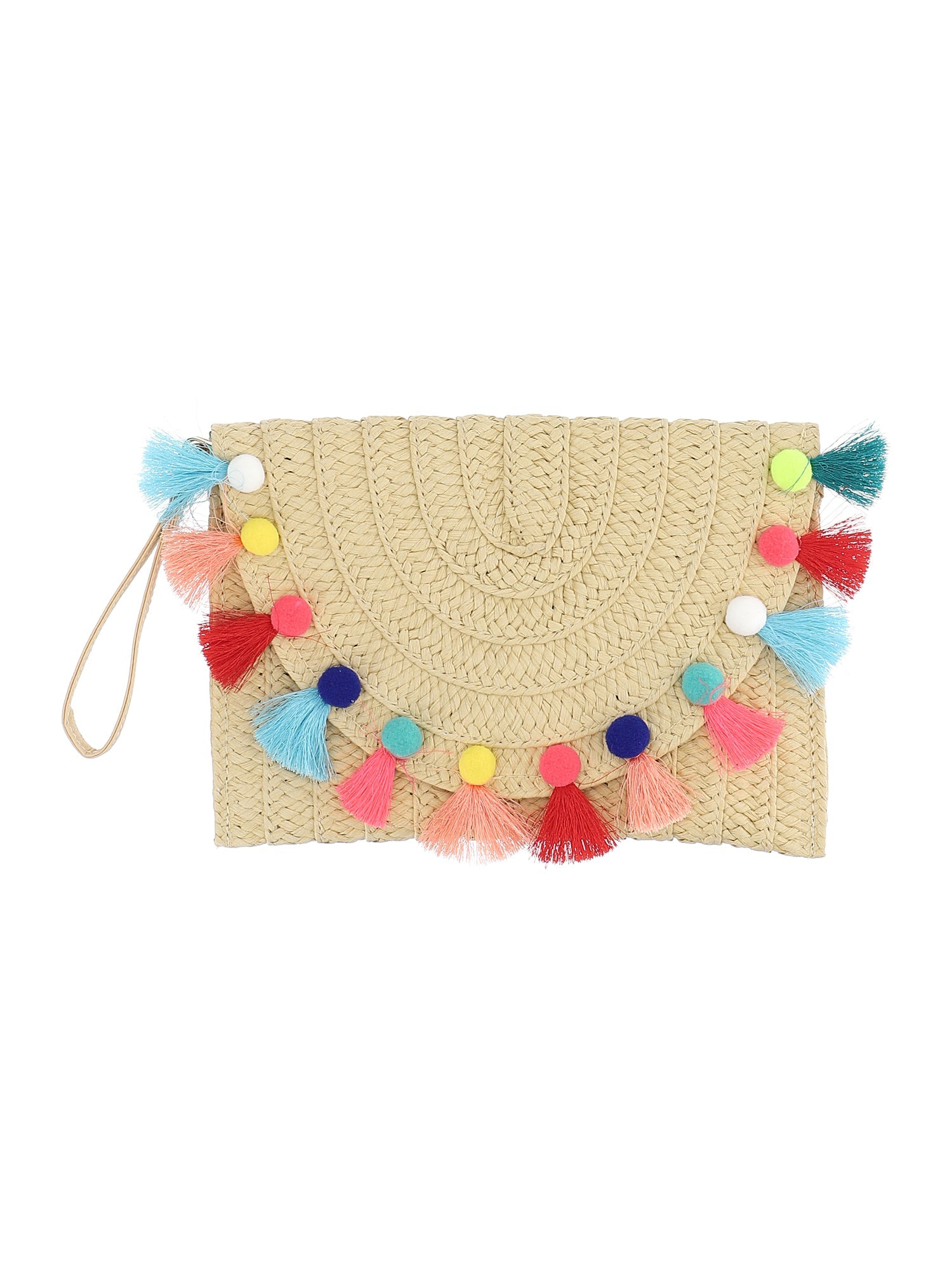 Girls | Straw Clutch Bag With Tassels | Ecru/Multicolor