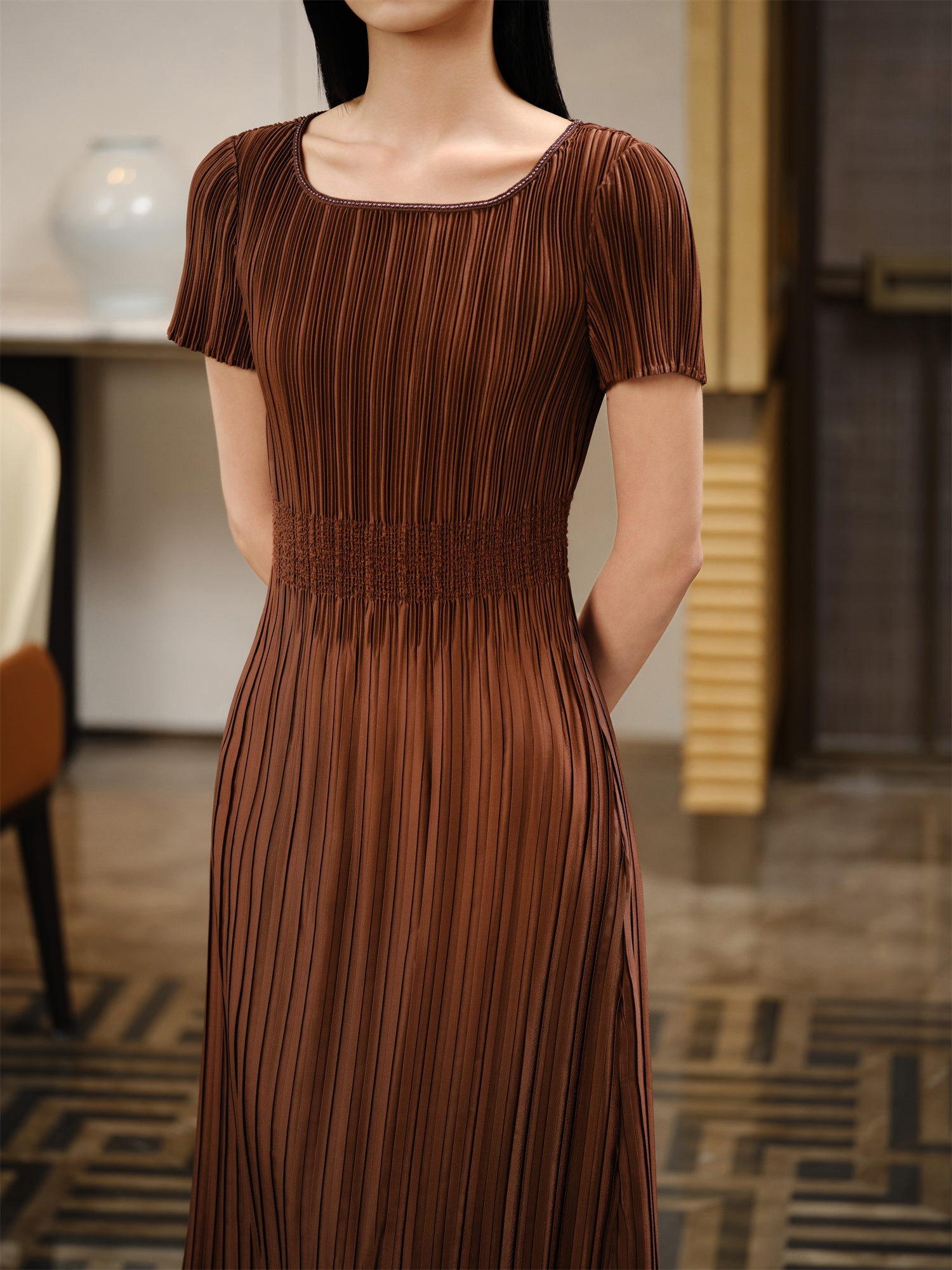 Pleated Waist-Cinched Dress | Brown