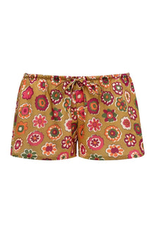 Low-rise shorts with multicolored floral print on tan background and drawstring waist.