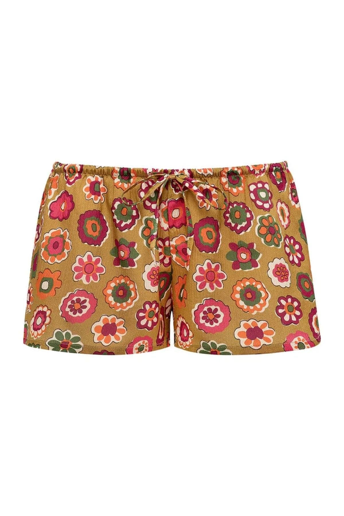 Low-rise shorts with multicolored floral print on tan background and drawstring waist.