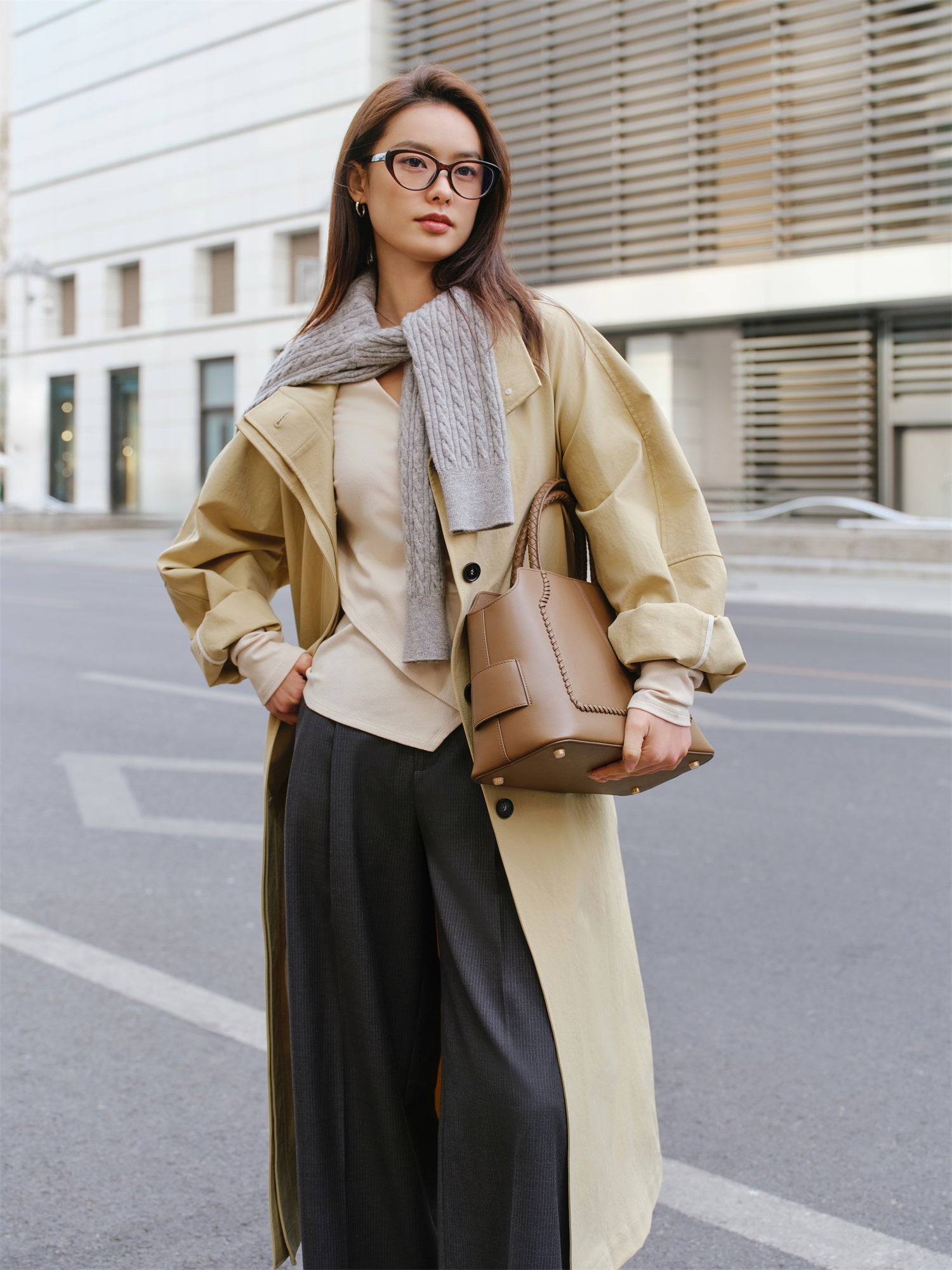 Stand Collar Belted Trench Coat | Khaki