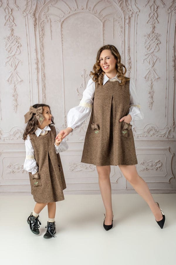 Girl | Herringbone Dress and Blouse Set | Brown x White