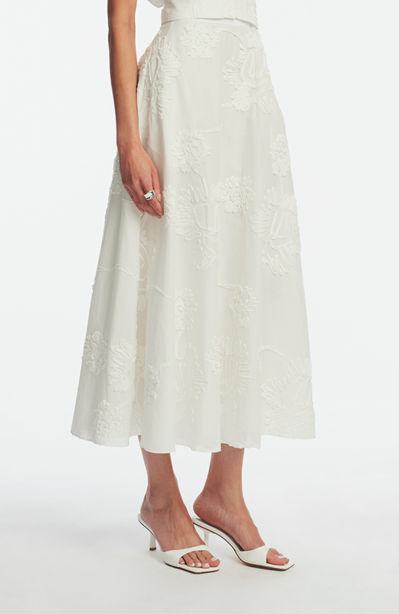 Ribbon Embroidered Cotton Full Skirt | White