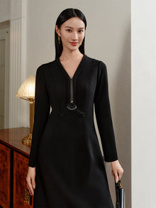 V-Neck Waist-Cinching A-Line Mid-Length Dress | Black