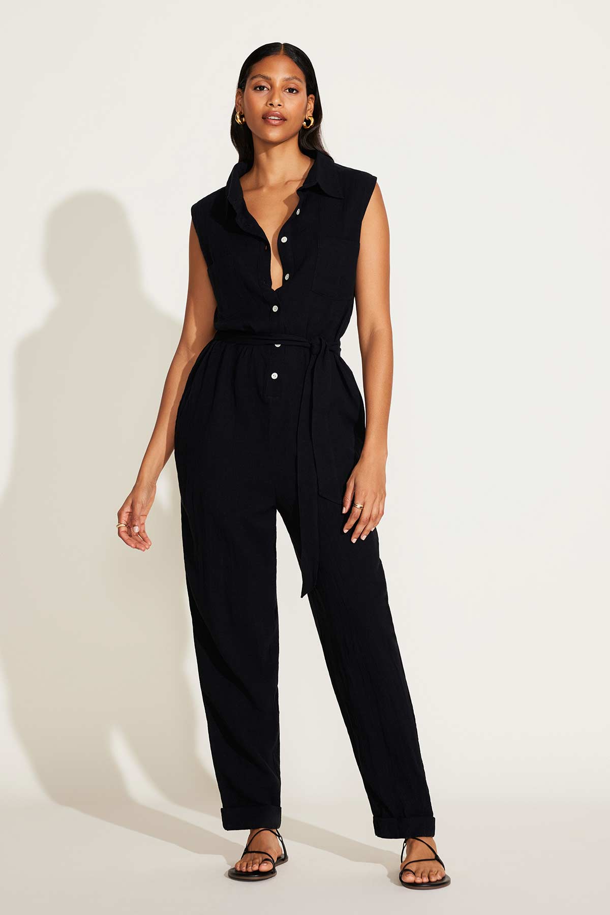 Sabina Jumpsuit | Black Crinkle Linen