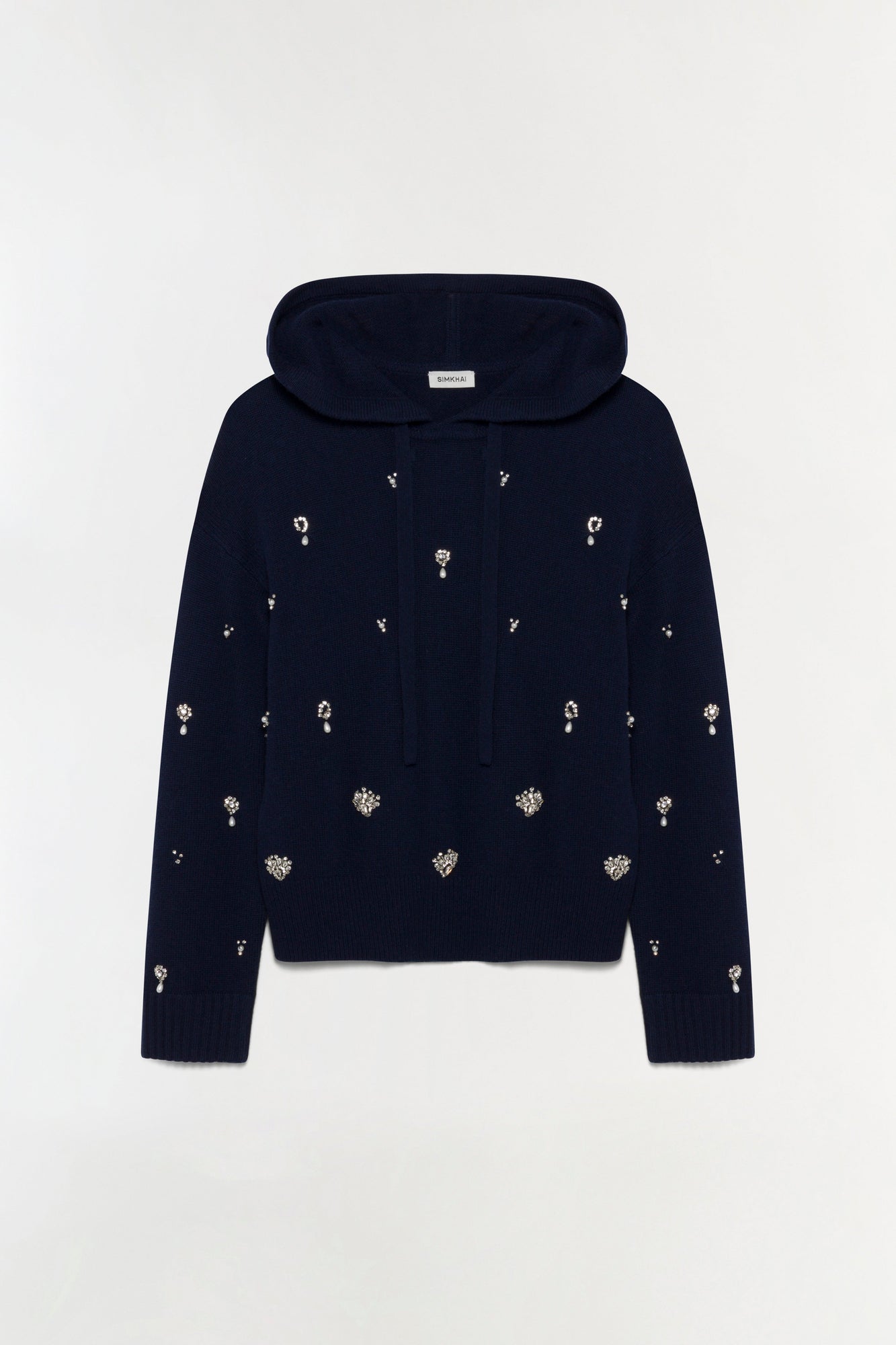 Navy cashmere hoodie with scattered crystal embellishments throughout and drawstring hood.