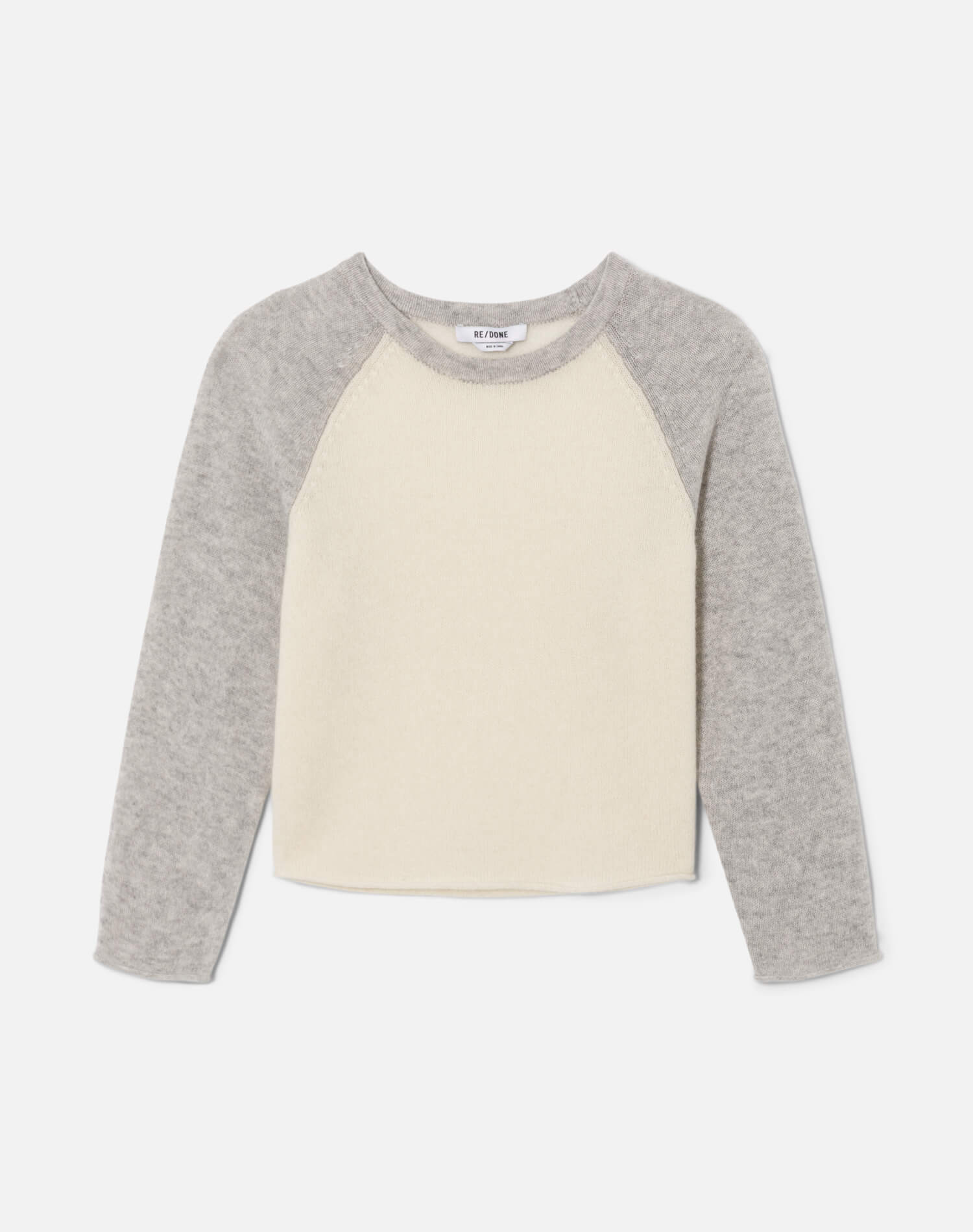 Womens | Featherweight Cashmere Baseball Raglan | Ivory/Light Heather Grey