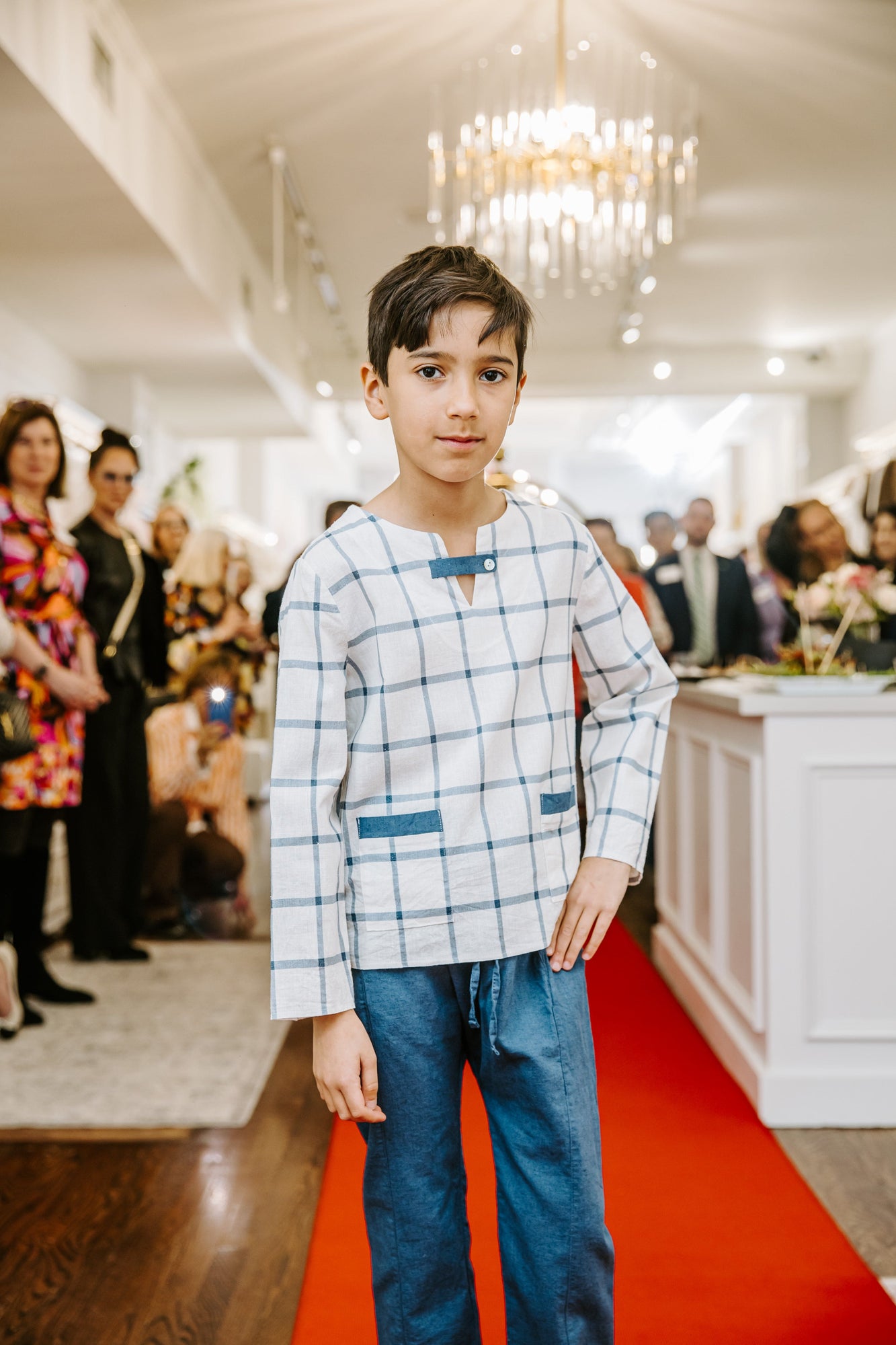 Boy | Checkered Linen Top and Pants Set | White x Navy