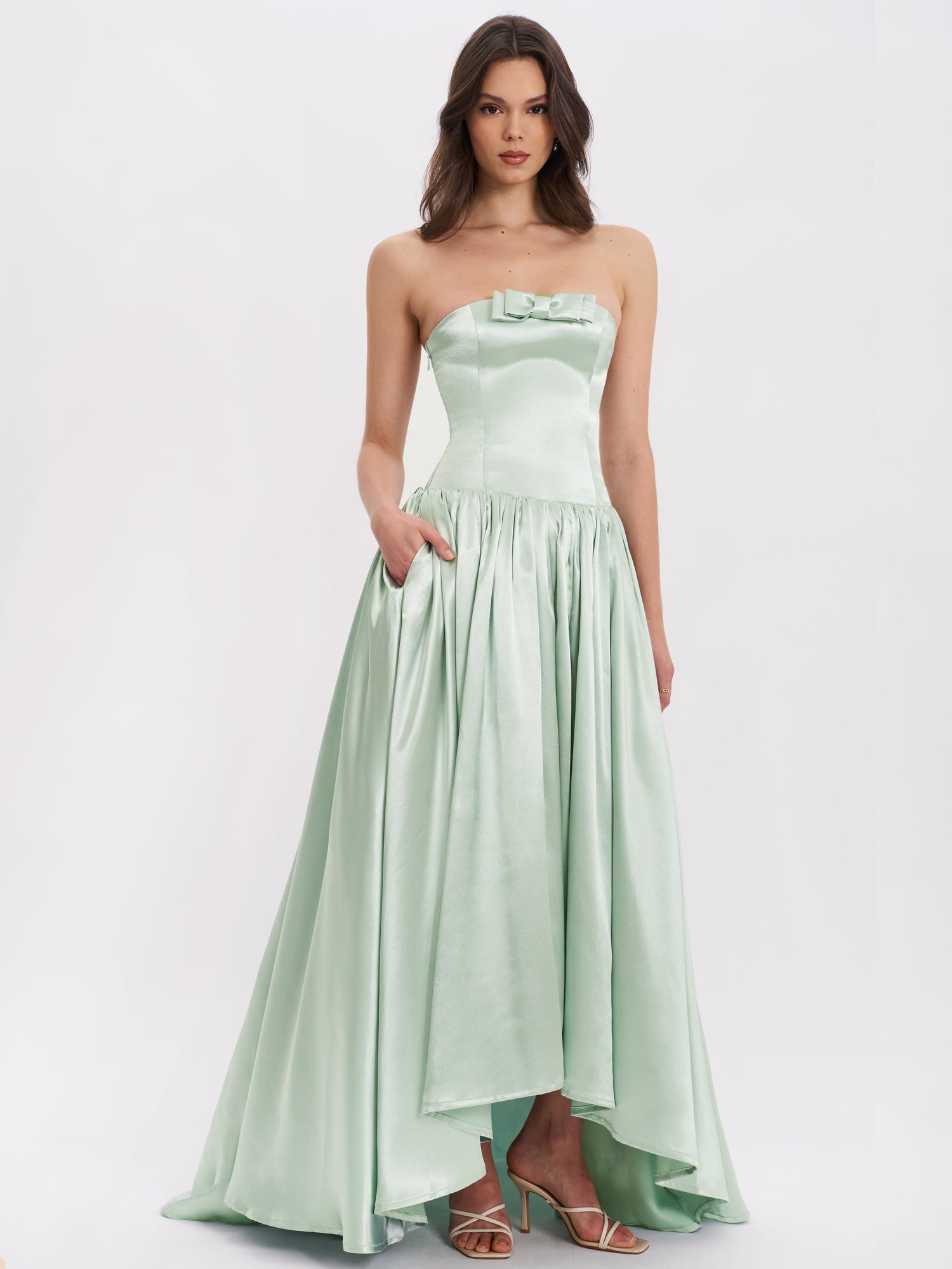 Lael Back Button Trailing Gown | Mint Green