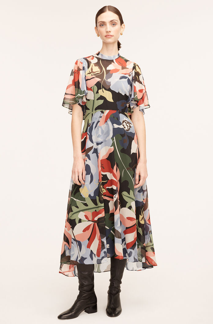 Botanical Garden Silk Flutter Sleeve Dress | Botanical Garden Black Combo