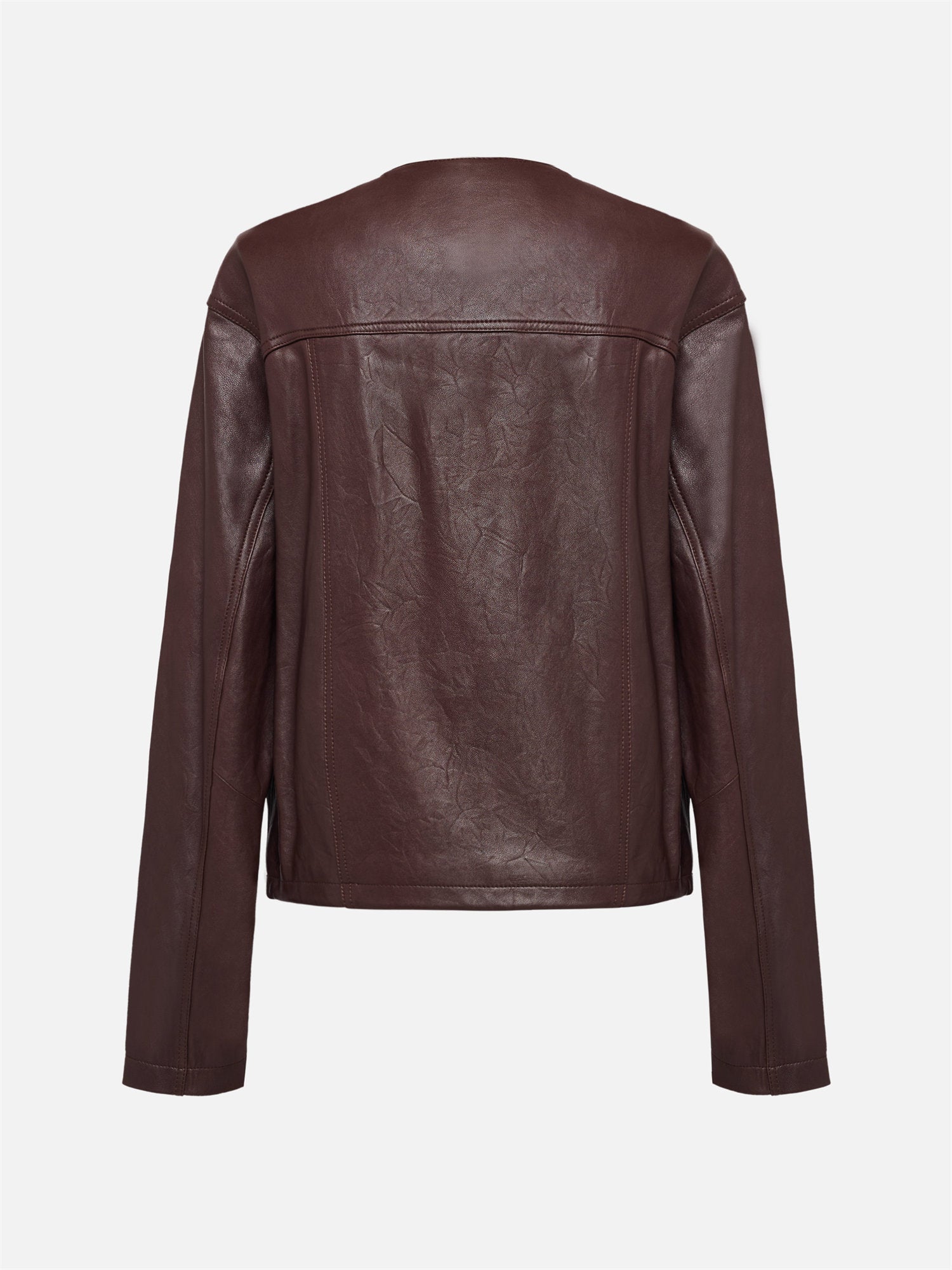 Leather Round Neck Leather Jacket | Brown