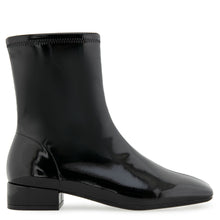 Nina Bootie Low Block Heel | Black Stretch Crinkled Faux Patent