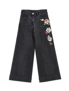 Girls | Embroidered Denim Trousers | Black