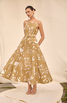 Floral Jacquard Belted Dress | Camel