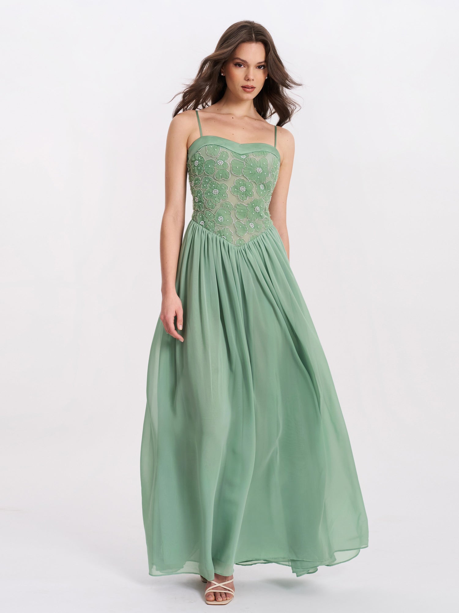 Ucille Embroidered Chiffon Maxi Dress | Sage Green