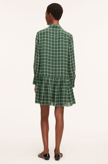 Windowpane Silk Pleated Shirt Dress | Windowpane Jasper Green Combo
