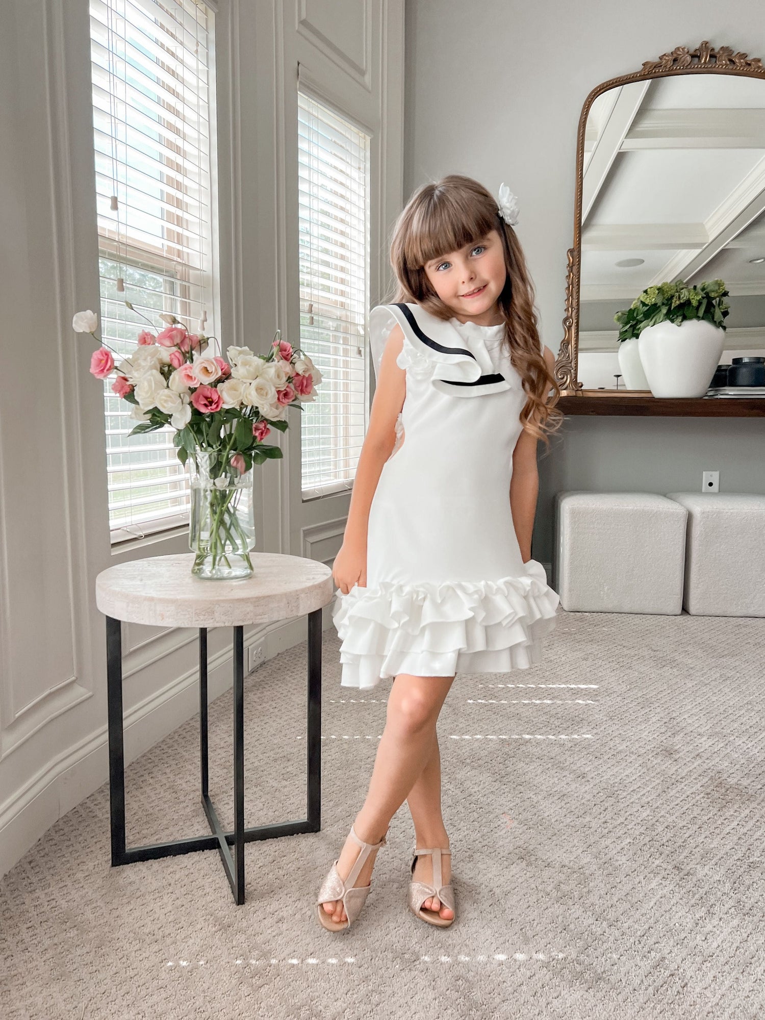 Girl | Alex Ruffle Dress with Contrast Line | White x Black
