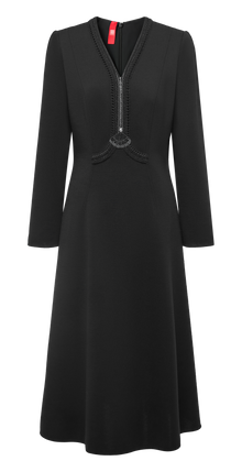V-Neck Waist-Cinching A-Line Mid-Length Dress | Black