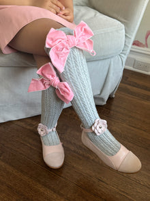 Grey Knee High Socks with Velvet Bows - Petite Maison Kids
