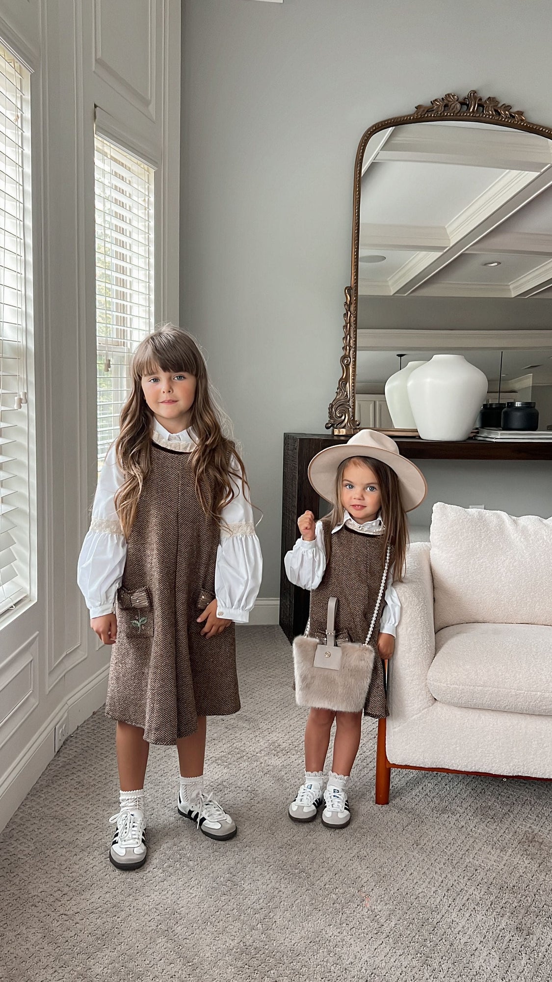 Girl | Herringbone Dress and Blouse Set | Brown x White