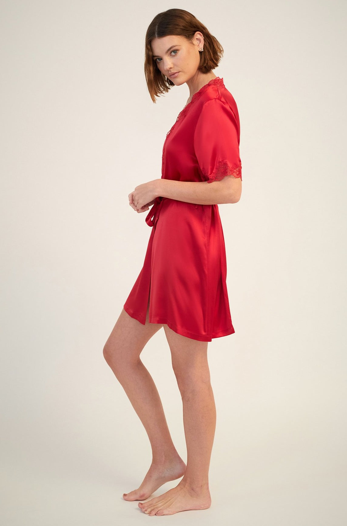 Silk Short Wrap Gown with Lace Trim | Ruby