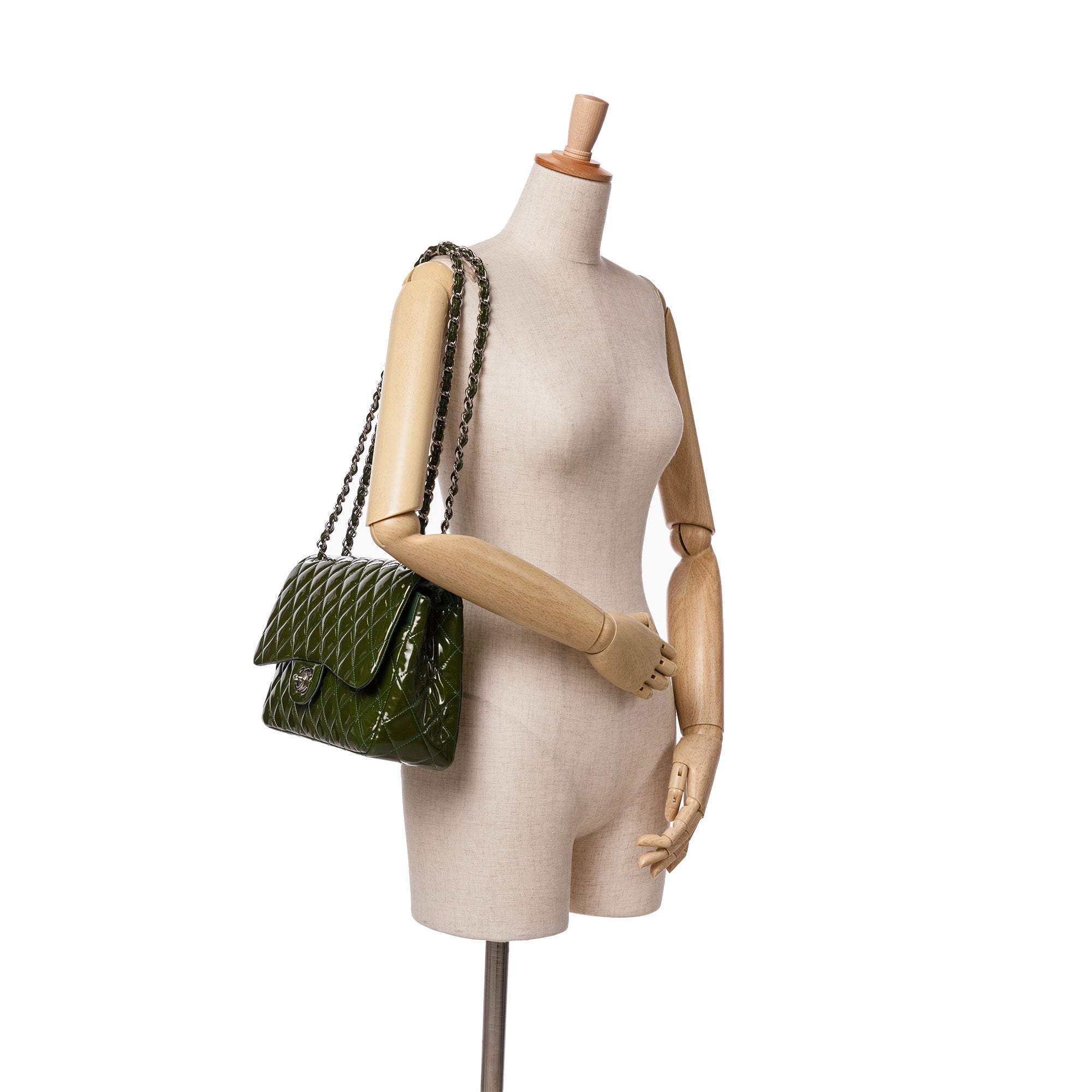 Chanel | Pre-Owned Jumbo Classic Patent Double Flap | Green/Olive Green