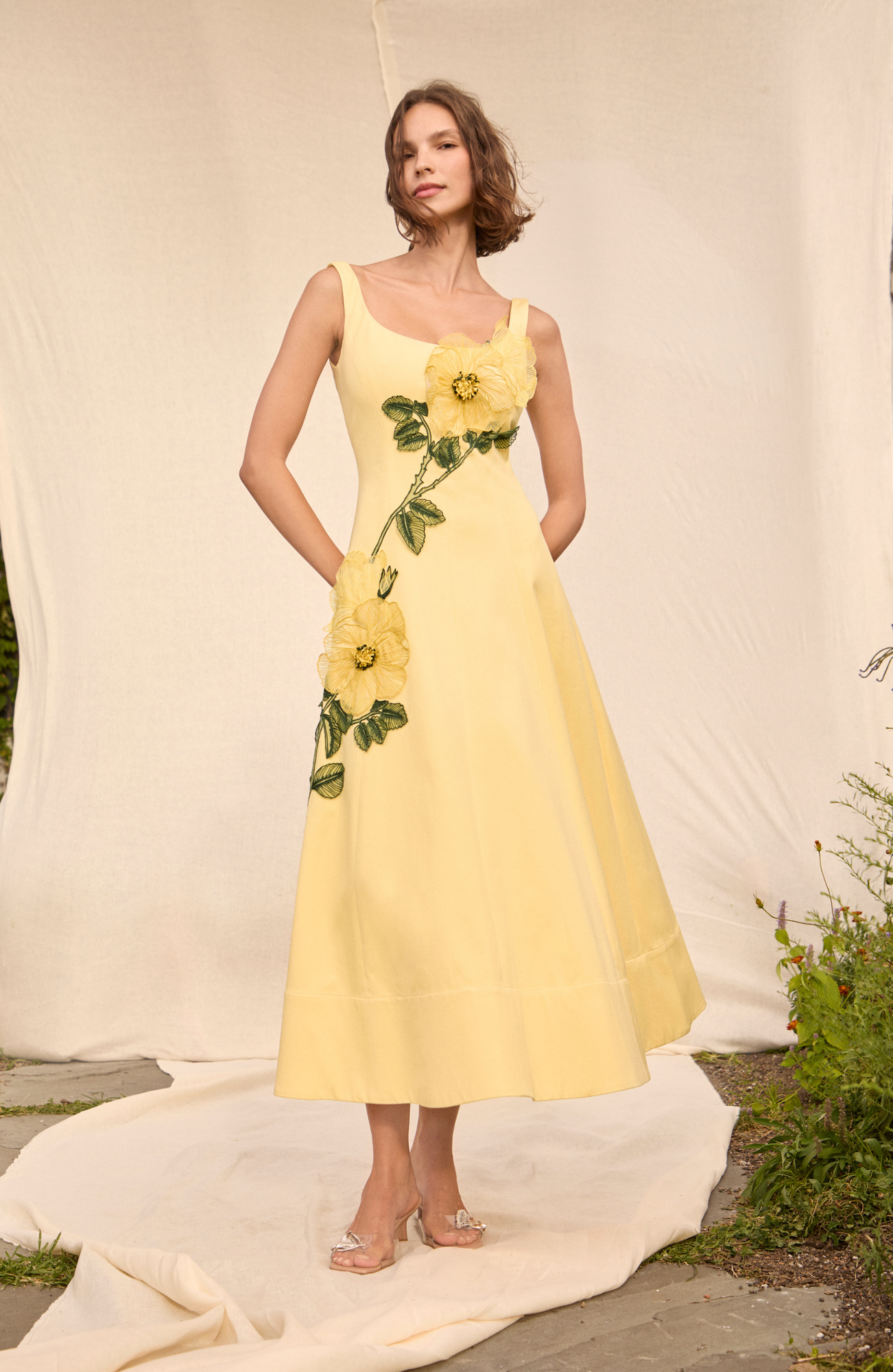 Peony Embroidered Stretch Cotton Full Dress | Butter/Yellow