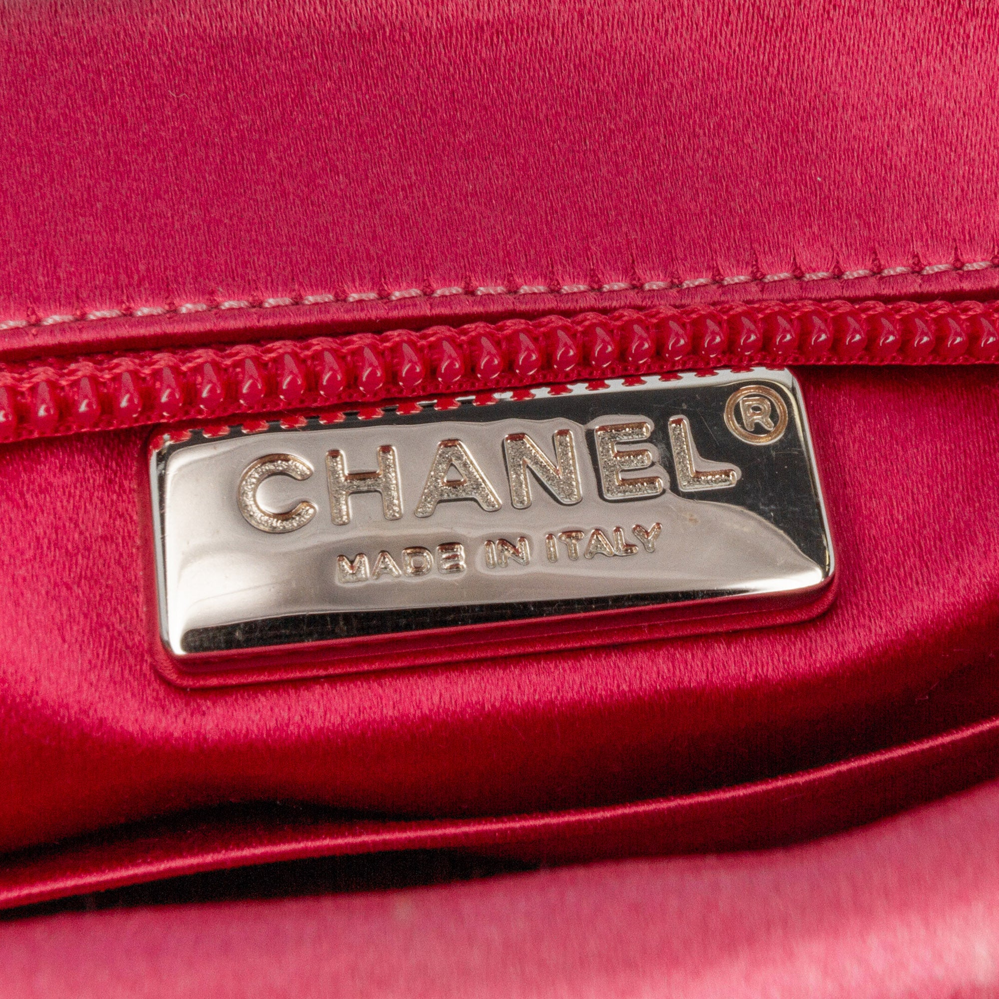 Chanel | Pre-Owned Satin Diamante Camellia Clutch with Chain | Pink/Dark Pink
