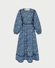 Ainsley Dress in quilted cotton with a blue paisley floral design