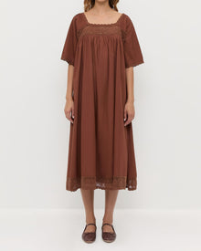 Althea Dress in chestnut brown cotton and Leonie Espresso Woven Leather Ballet Flat.
