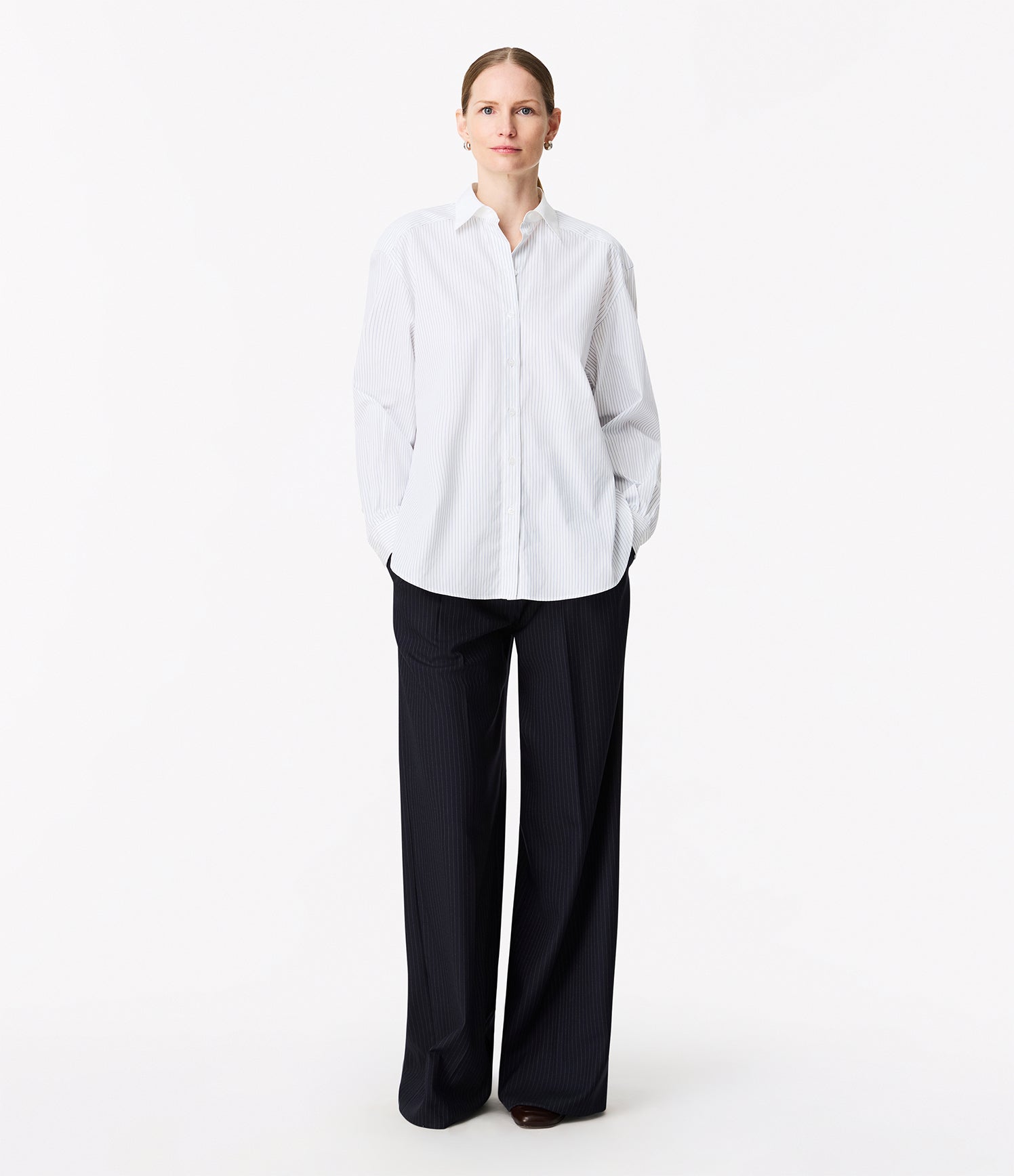 Another Tomorrow Pleat Back Poplin Shirt in Blue Stripe – Cotton Women's Top