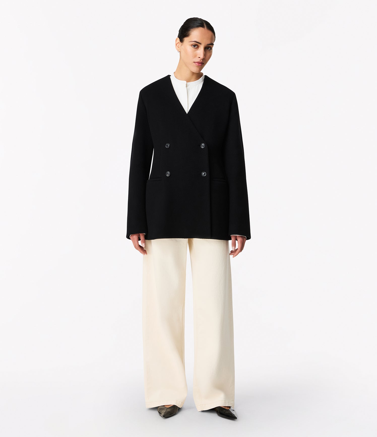 Another Tomorrow Short Scarf Coat in Black – Wool Women's Outerwear