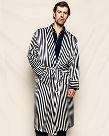 Men's Silk Long Robe in Black and White Bengal Stripe in Black and  White Bengal Stripe in Black#Color_White Bengal Stripe in Black