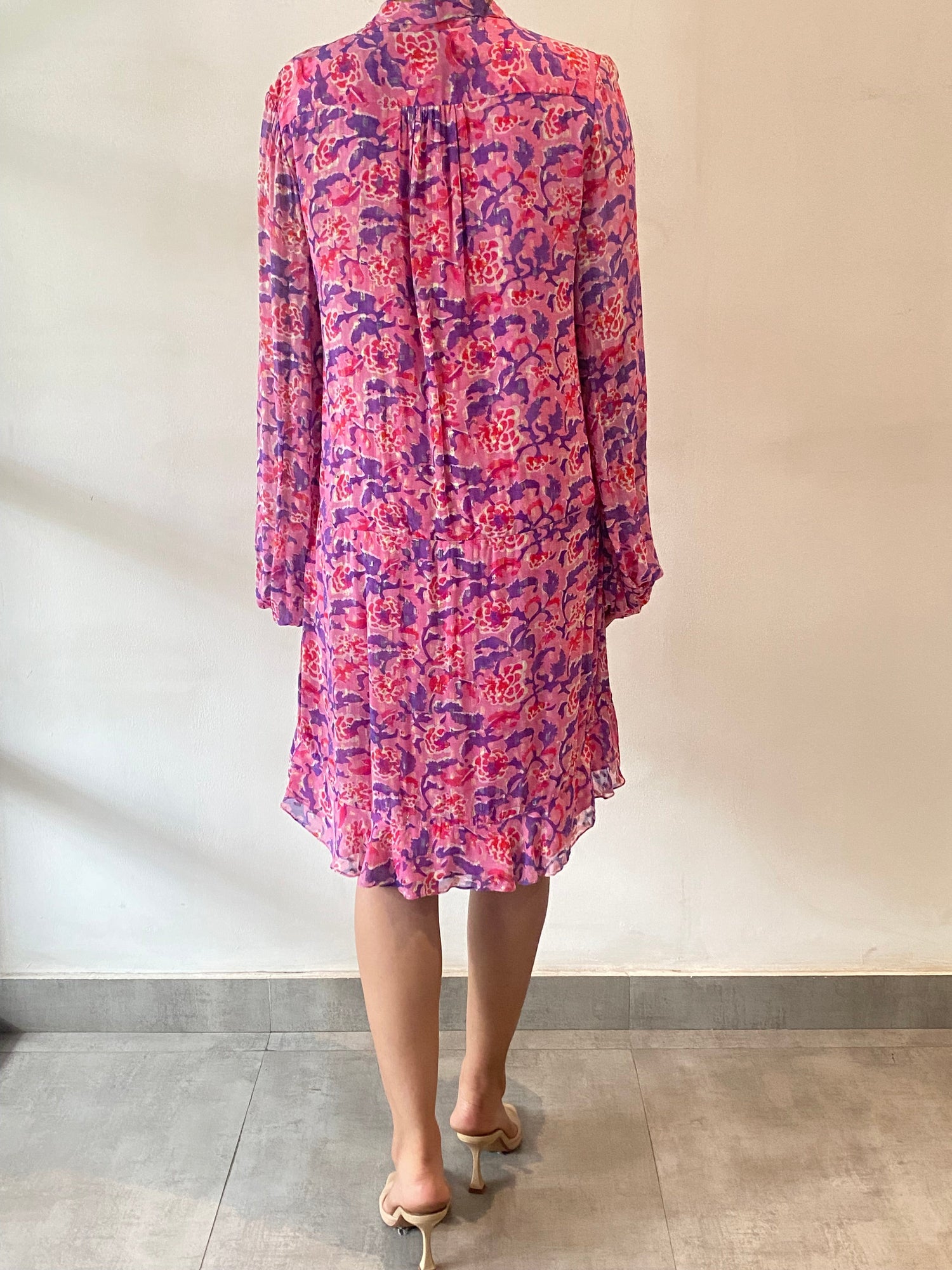 V-Neck Full Sleeve Short Dress | Pink/Multi