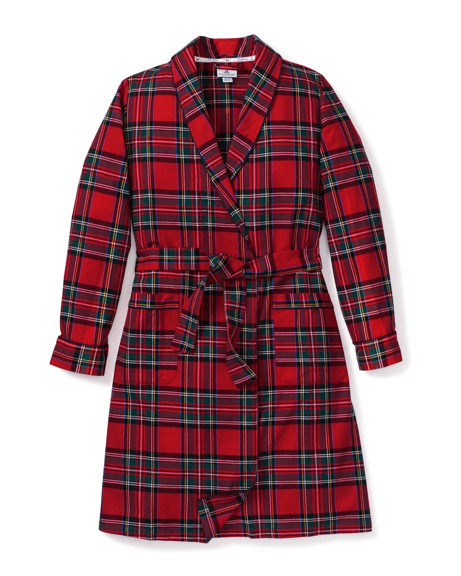 The Women's Brushed Twill Robe in Imperial Tartan features a red plaid pattern, long sleeves, a shawl collar, front pockets, and a matching waist tie, shown flat on a white background.