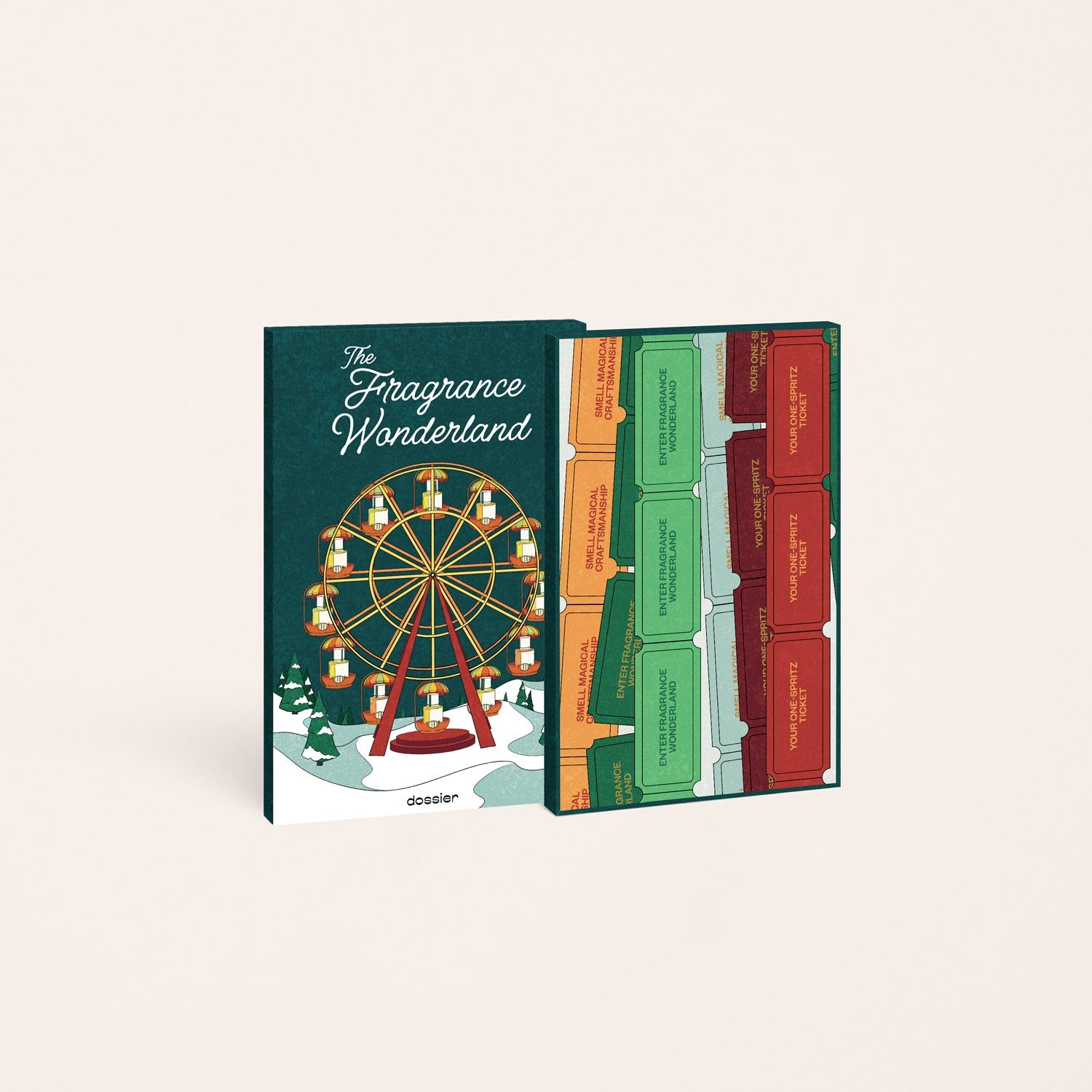 Fragrance set packaging with ferris wheel illustration on a white background