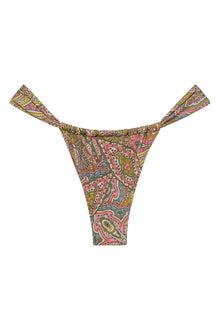 Bikini bottom with multicolored paisley pattern in pink, yellow, green, and blue tones featuring adjustable side ties.