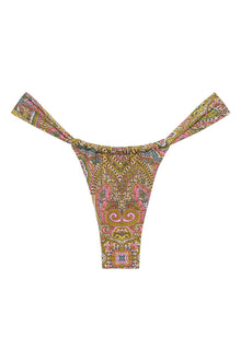 Paisley-patterned bikini bottom with gold, pink, and blue ornamental design and adjustable side straps.