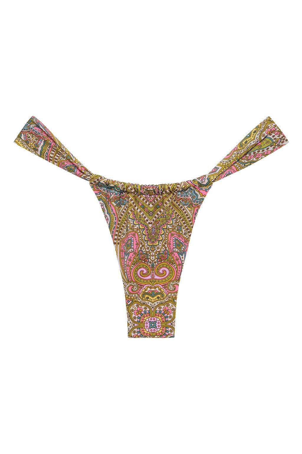 Paisley-patterned bikini bottom with gold, pink, and blue ornamental design and adjustable side straps.