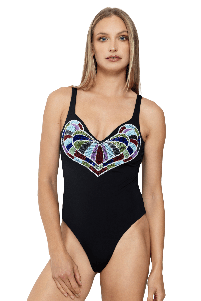 Amor Hand - Beaded Embellished One - Piece Swimsuit - Black - Self - Adore