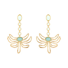 Green Blue Crystal and Gold Flower Drop Earrings on Flat White Background