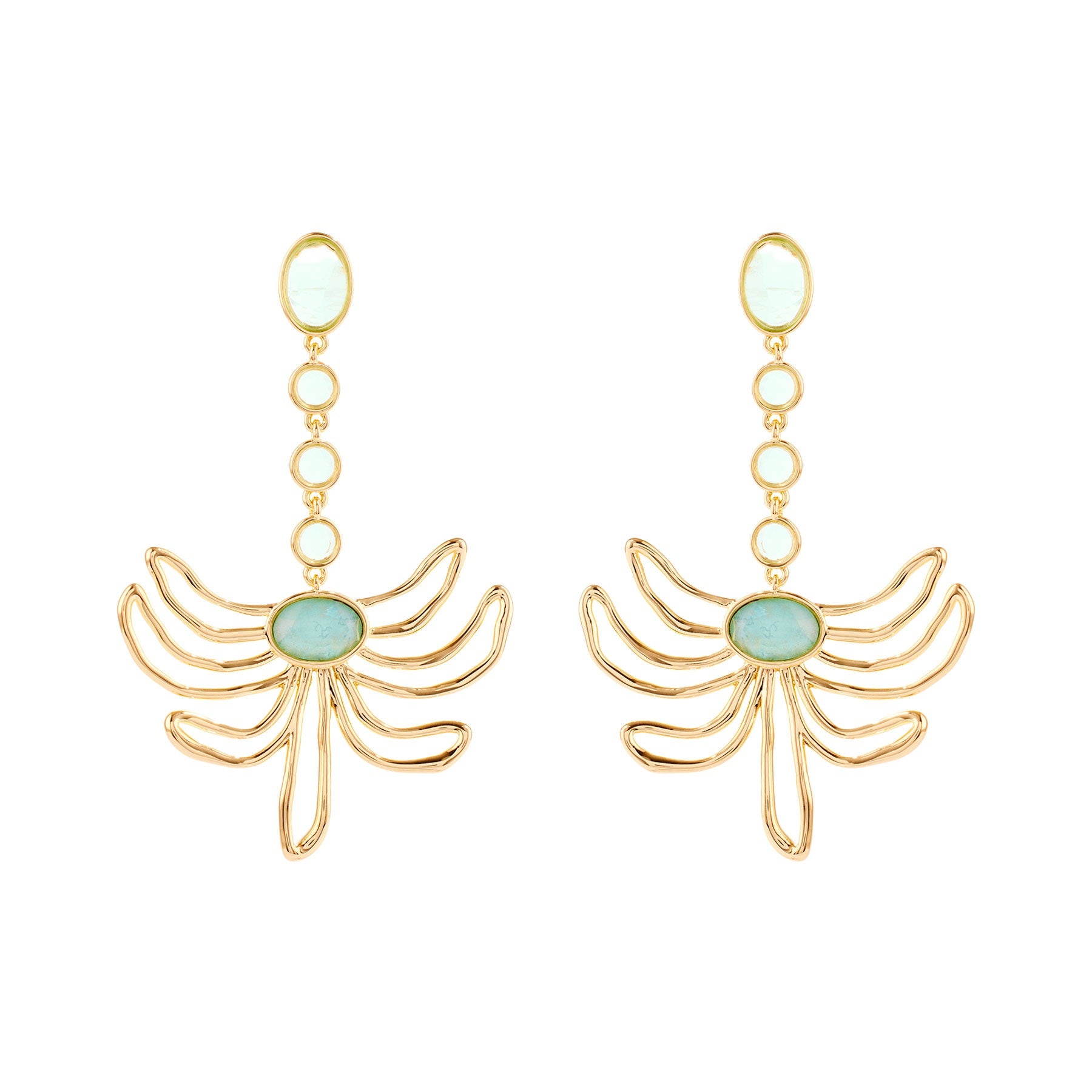 Green Blue Crystal and Gold Flower Drop Earrings on Flat White Background