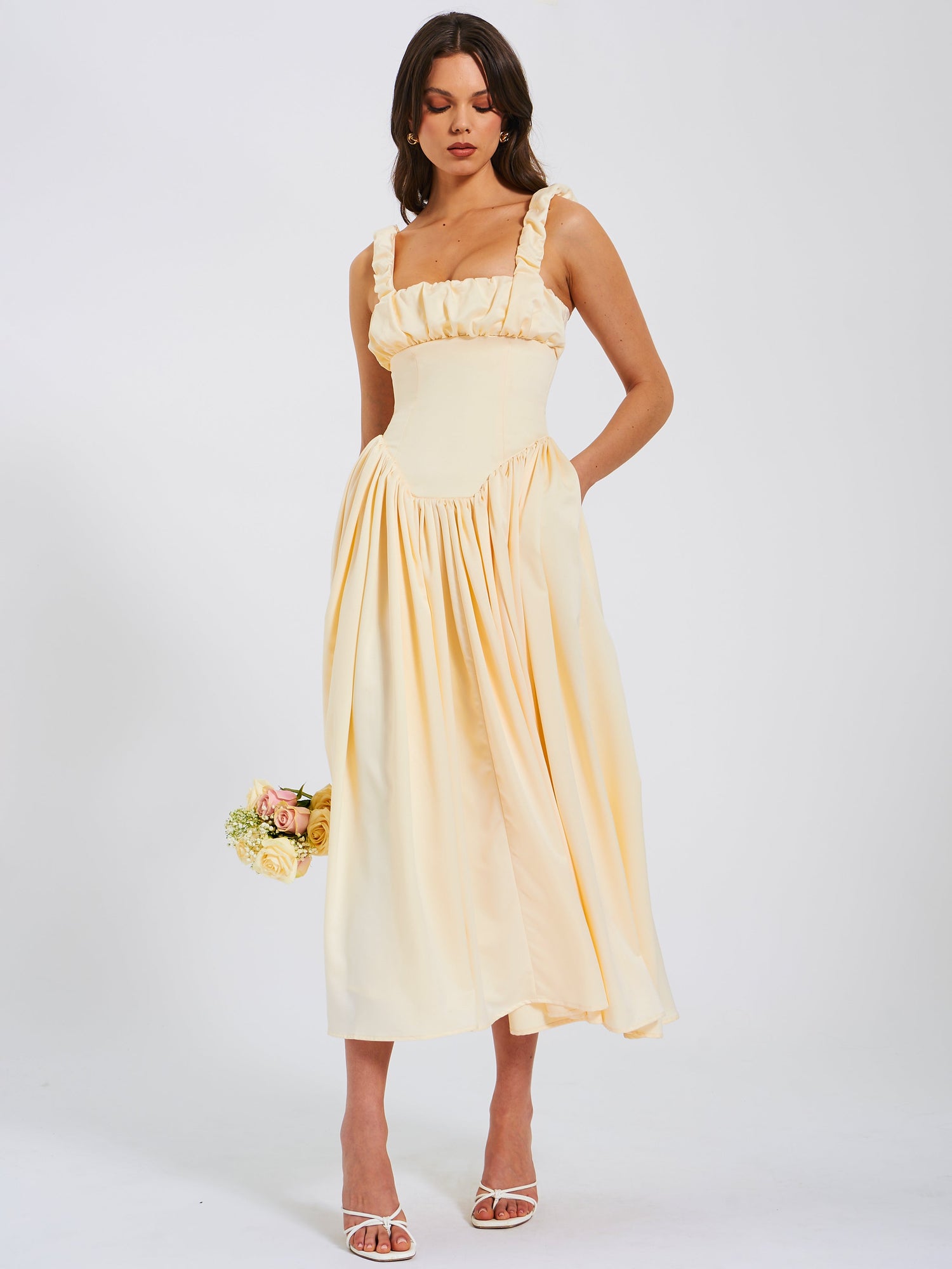 Noreen Satin Drop Waist Maxi Sundress | Egg White